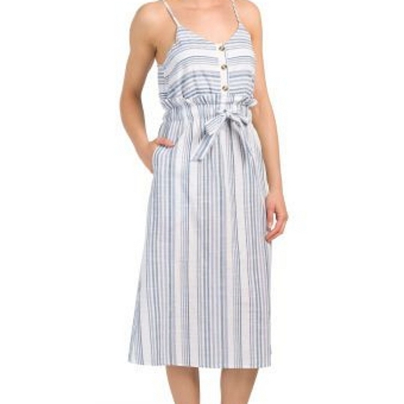 Blue White Striped Cotton Paperbag Sleeveless Midi Dress With Pockets Size Large - Picture 1 of 6
